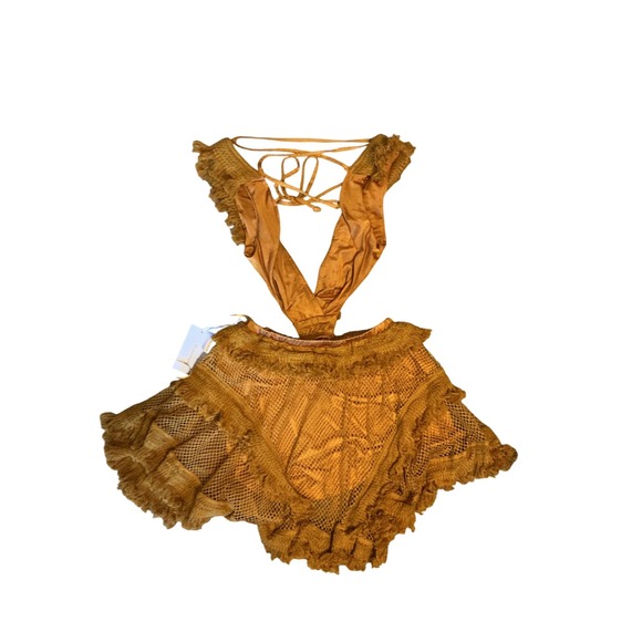 RoseVelvet Mustard Yellow Cutout Lace Up Fringe Mini Dress - Picture 8 of 8
